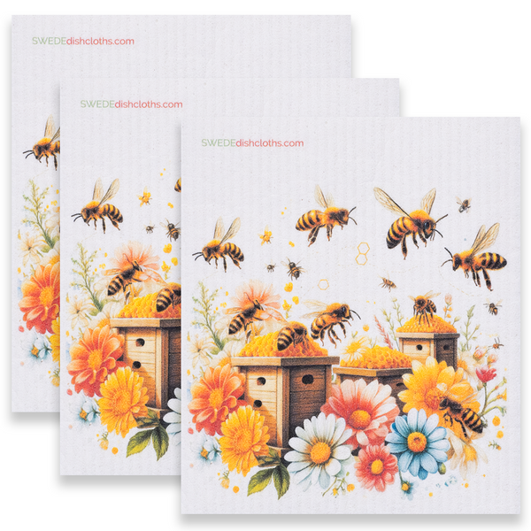 Eco-Friendly Swedish Dishcloths - Bees with Wood Beehive Set of 3 (Paper Towel Replacements)