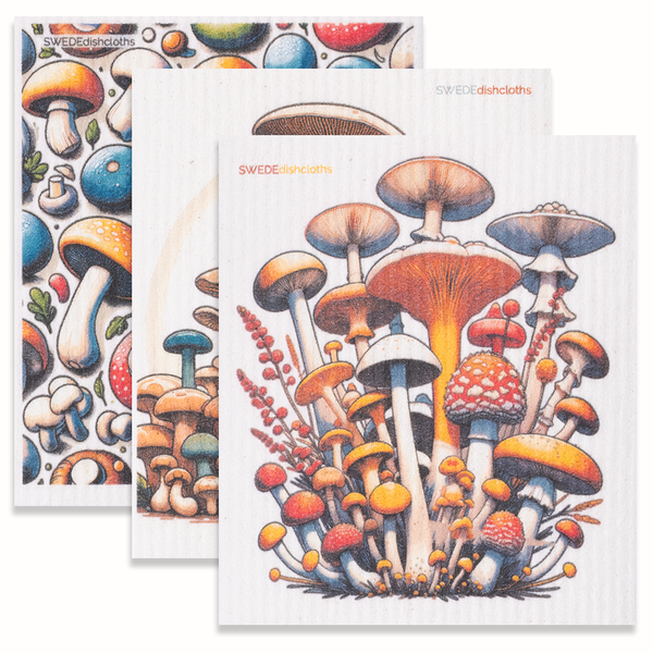 Eco-Friendly Swedish Dishcloths - Mixed Mushrooms Set of 3 (Paper Towel Replacements, One of Each Design)