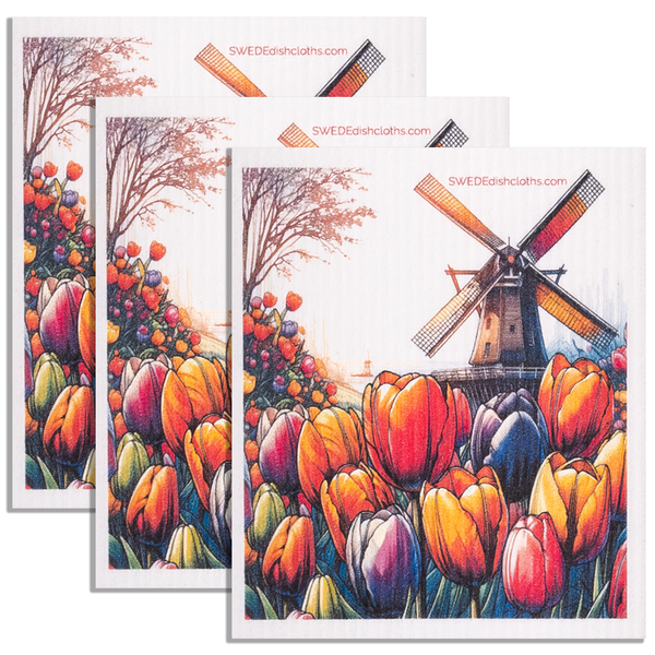 Eco-Friendly Swedish Dishcloths - Tulips Windmill Set of 3 (Paper Towel Replacements)