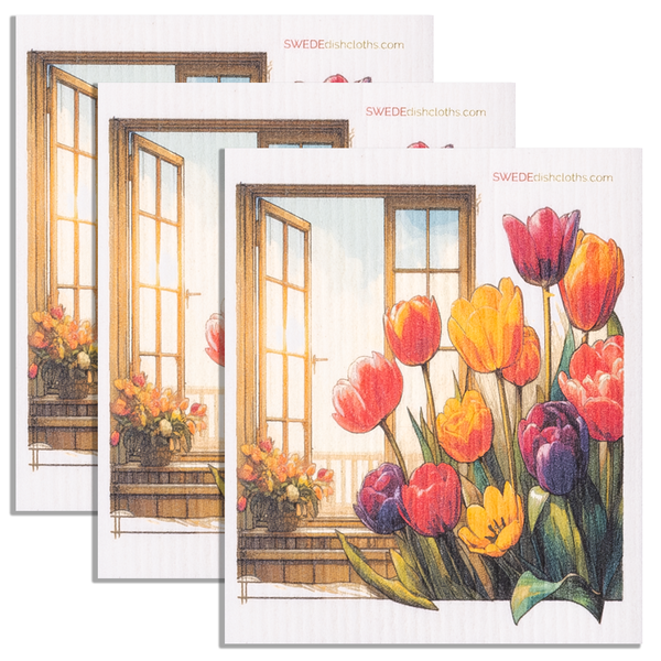 Eco-Friendly Swedish Dishcloths - Tulips Window Set of 3 (Paper Towel Replacements)