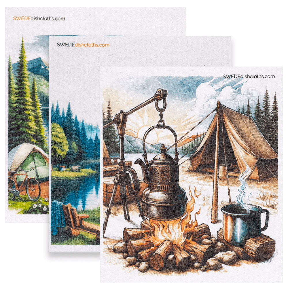 Eco-Friendly Swedish Dishcloths - Mixed Camping Set of 3 (Paper Towel Replacements, One of Each Design) - SWEDEdishcloths.com
