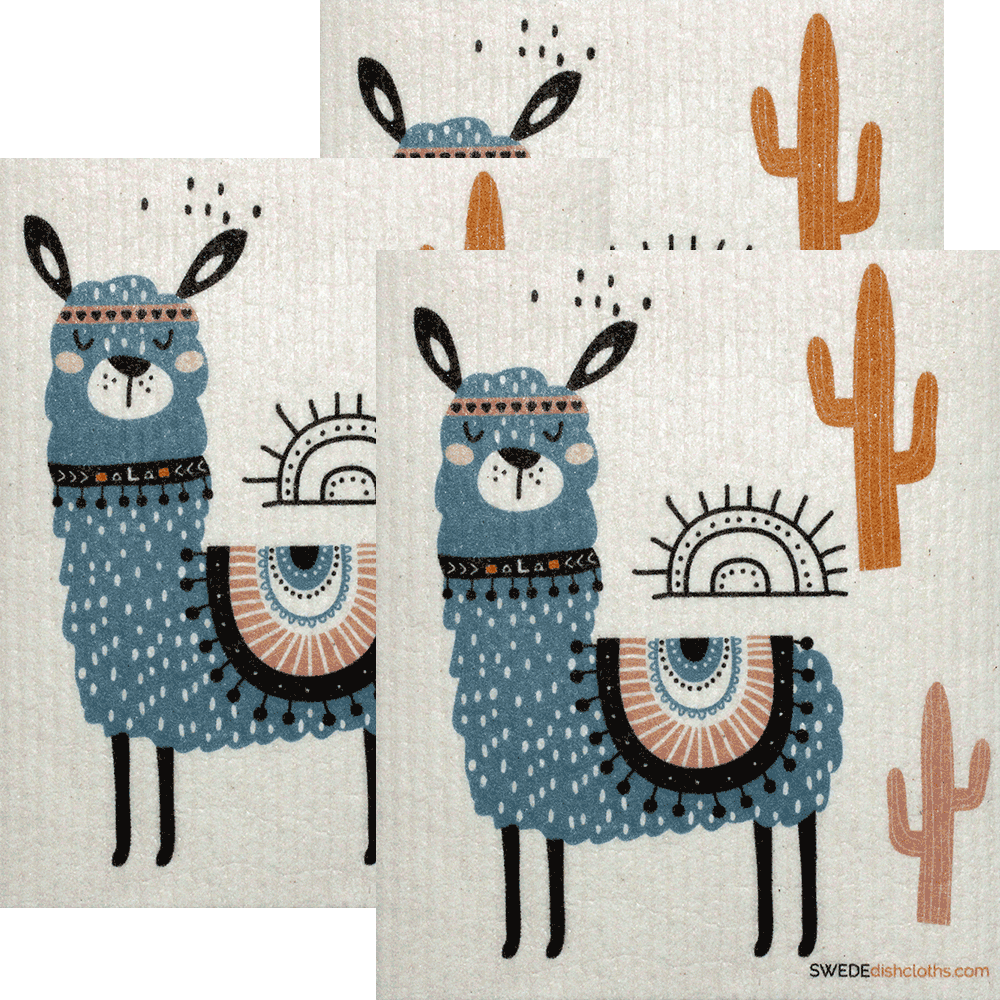 Blue Llama Set of 3 Swedish Dishcloths (One of each design) | ECO Friendly | Reusable Cleaning Spongecloth