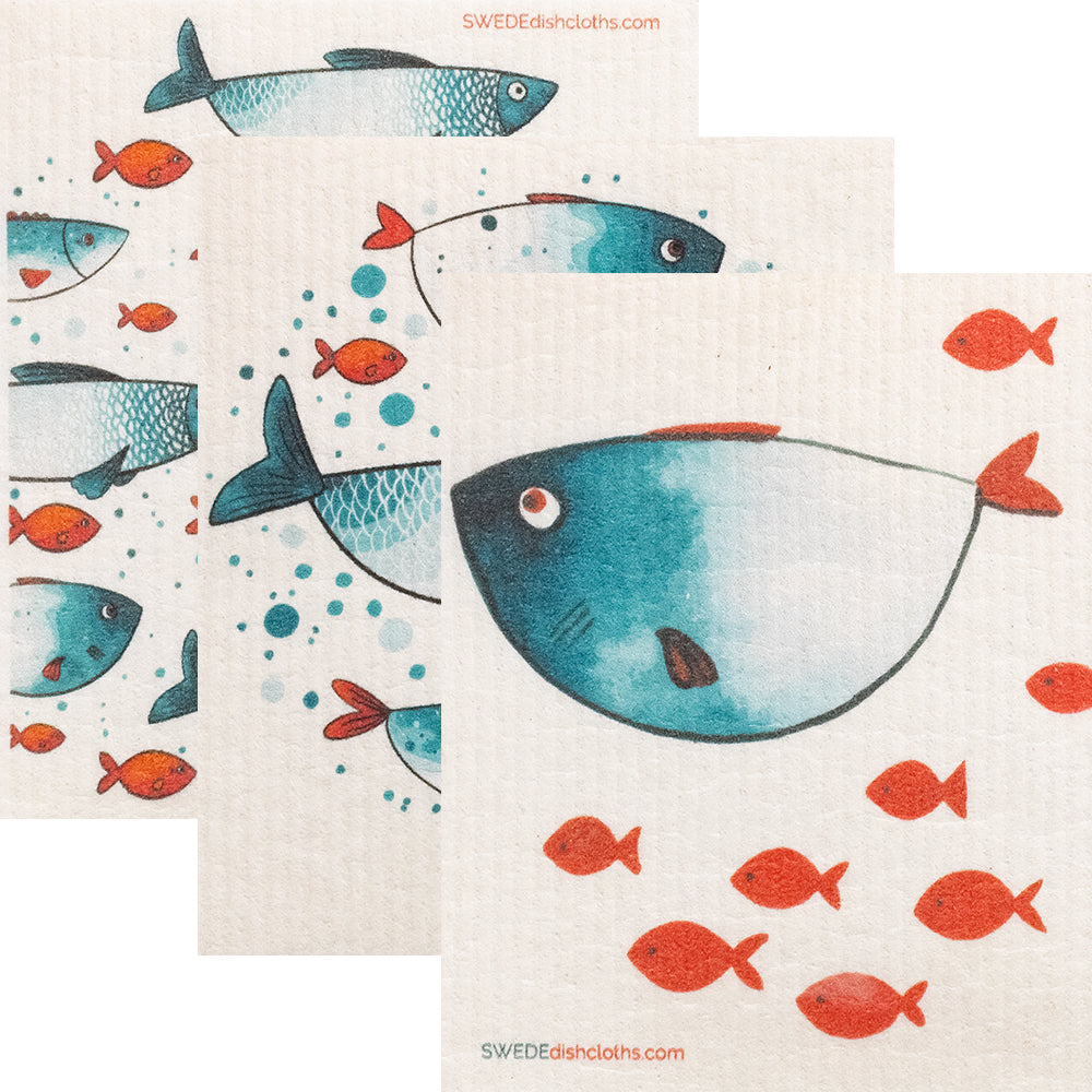 Swedish Dishcloth Mixed Blue Fish Set of 3 Sponge cloths