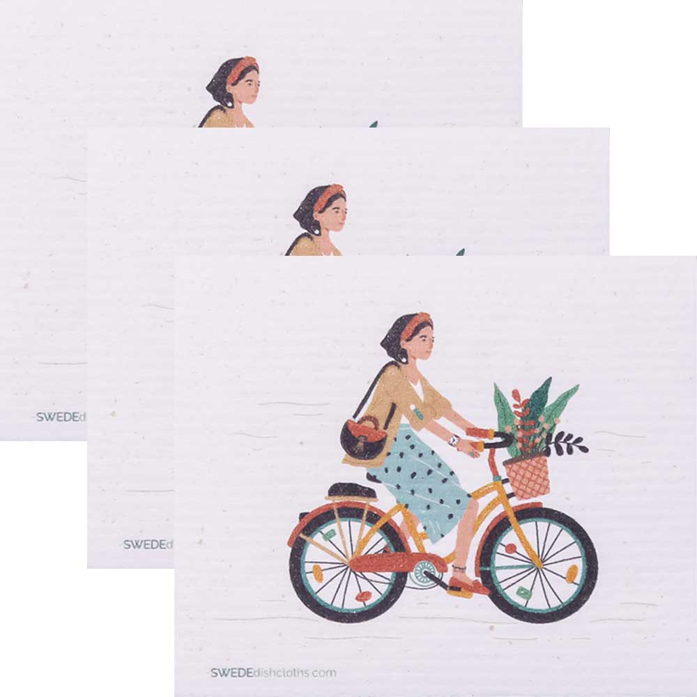 Bike with Basket Set of 3 cloths (One of each design) Swedish Dishcloths ECO  Absorbent Cleaning Cloth