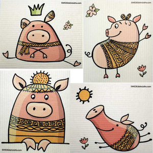 Mixed Cute Pigs Set of 4 cloths (One of each design) Swedish Dishcloths ECO  Absorbent Cleaning Cloth