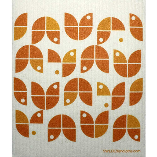 Geometric Flowers Orange on White One cloth Swedish Dishcloths | ECO Friendly Absorbent Cleaning Cloth