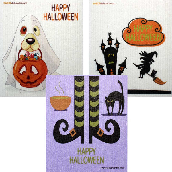 Mixed Halloween "B" Set of 3 cloths (One of each design) Swedish Dishcloths ECO  Absorbent Cleaning Cloth