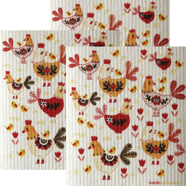 Chickens! Set of 3 each Swedish Dishcloths | ECO Friendly Absorbent Cleaning Cloth | Reusable Cleaning Wipes