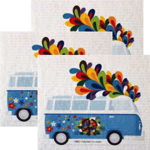 Flower Power Bus Set of 3 each Swedish Dishcloths | ECO Friendly Absorbent Cleaning Cloth | Reusable Cleaning Wipes