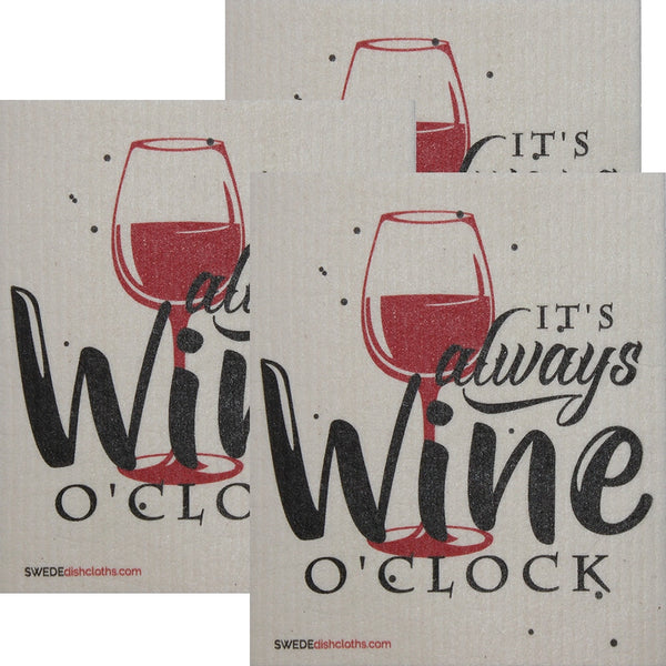 Its Always Wine O'clock Set of 3 each Swedish Dishcloths | ECO Friendly Absorbent Cleaning Cloth | Reusable Cleaning Wipes