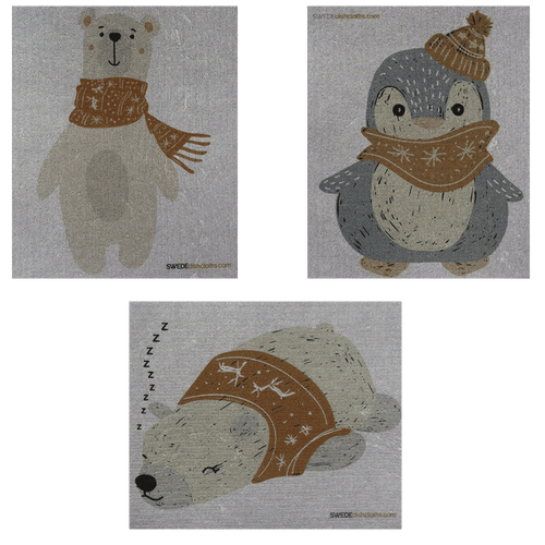 Mixed Winter Animals on Gray Set of 3 cloths (One of each design) Swedish Dishcloths ECO Absorbent Cleaning Cloth - SWEDEdishcloths.com