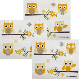 Owls in Branches Set of 3 each Swedish Dishcloths | ECO Friendly Absorbent Cleaning Cloth | Reusable Cleaning Wipes