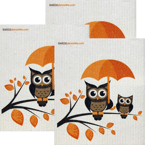 Owls with Umbrella Set of 3 each Swedish Dishcloths | ECO Friendly Absorbent Cleaning Cloth | Reusable Cleaning Wipes
