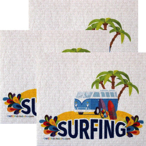 Surfing Bus Set of 3 each Swedish Dishcloths | ECO Friendly Absorbent Cleaning Cloth | Reusable Cleaning Wipes