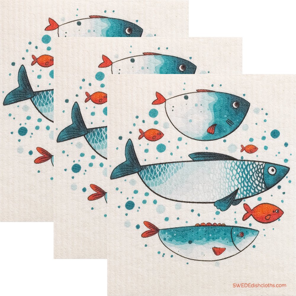Swedish Dishcloth Blue Fish Family Set of 3 Sponge cloths - SWEDEdishcloths.com