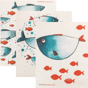 Swedish Dishcloth Mixed Blue Fish Set of 3 Sponge cloths - SWEDEdishcloths.com
