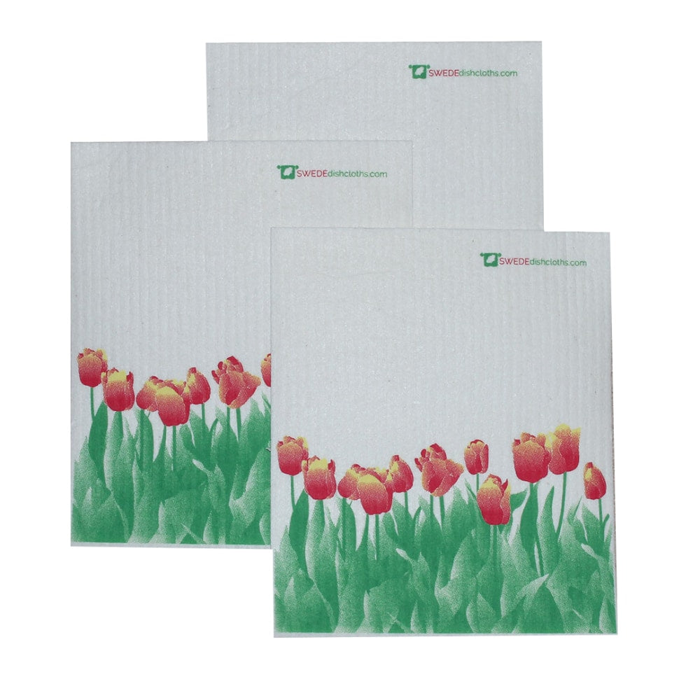 Swedish Dishcloth Set of 3 each Swedish Dishcloths with Orange Tulips Design