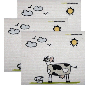 Swedish Dishcloth Set of 3 each Swedish Dishcloths Fun Cow in Sun Design - SWEDEdishcloths.com