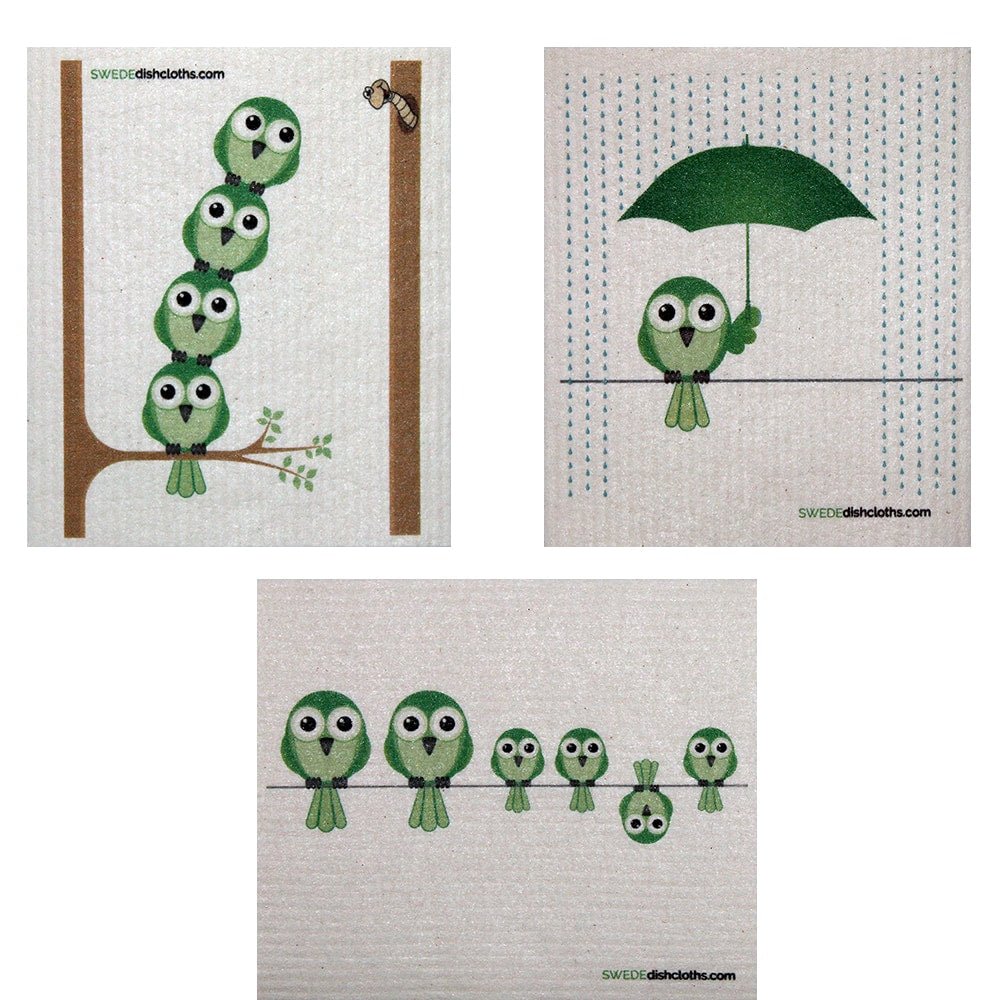 Swedish Dishcloth Set of 3 each Swedish Dishcloths Mixed Greenbirds Design - SWEDEdishcloths.com